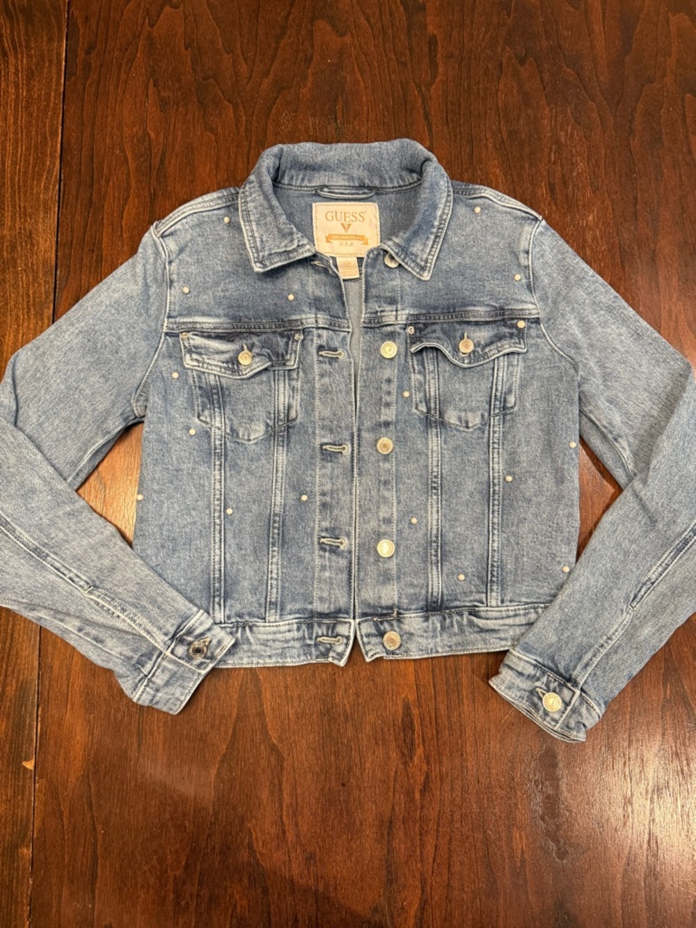 Vintage GUESS Pearl Denim Jacket. Y2K Light Wash Embellished Cropped Jean Coat S